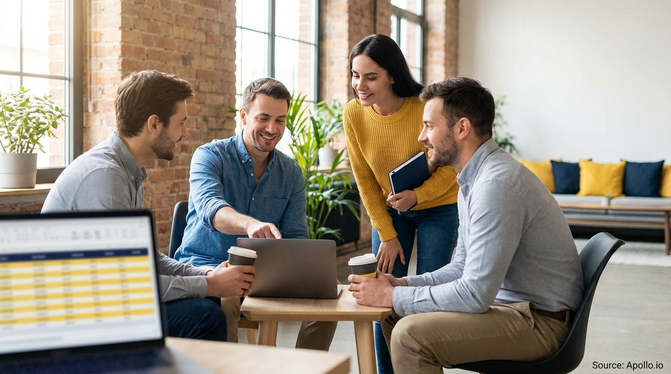 Four colleagues collaborate around a laptop in a bright, modern office.