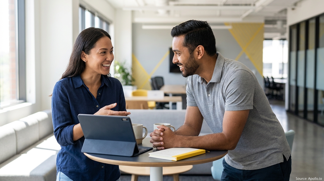 Two smiling professionals talk over a tablet at a modern office table.