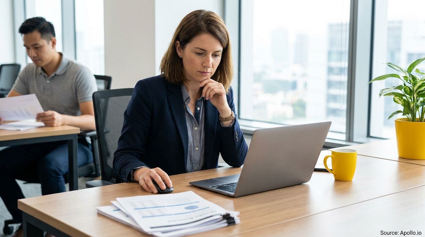 Two professionals work on a laptop and review documents in a bright, modern office.