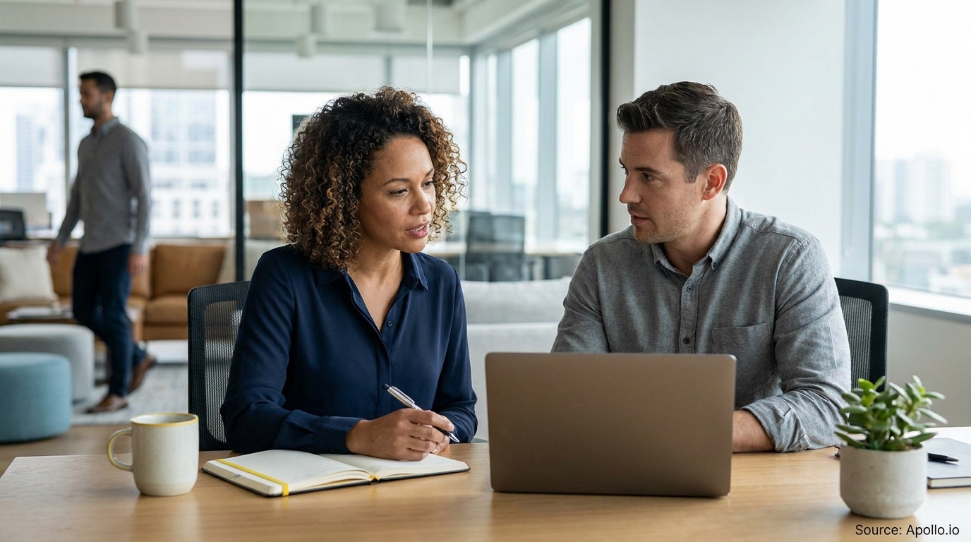 Two professionals review a laptop and notes during a discussion in a bright office.