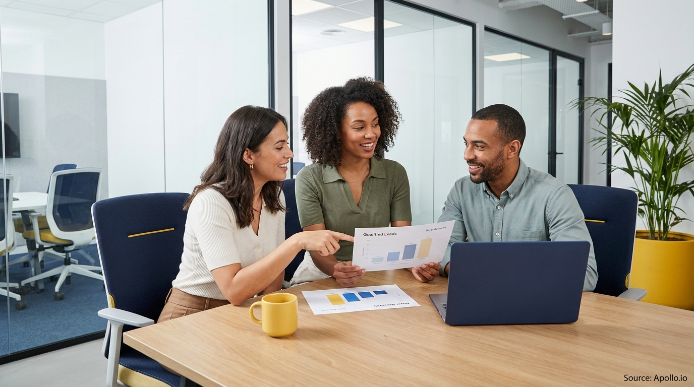 Three professionals review data on charts at a modern office table.