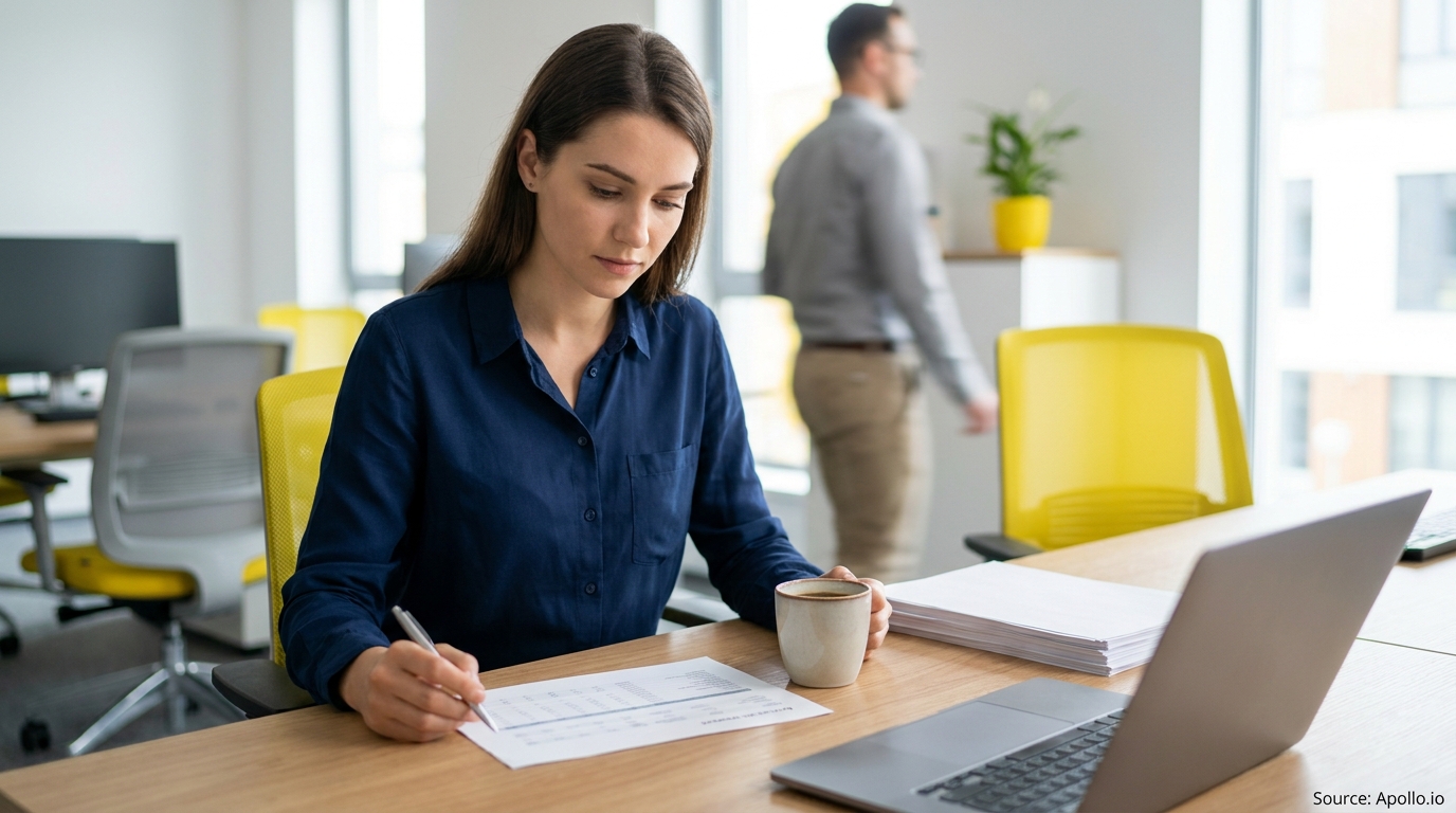 A woman writes at her office desk with a laptop and coffee, a man walks in the background.