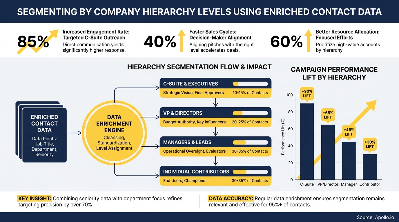 Diagram illustrating contact data enrichment, hierarchy segmentation, and resulting campaign performance improvements.