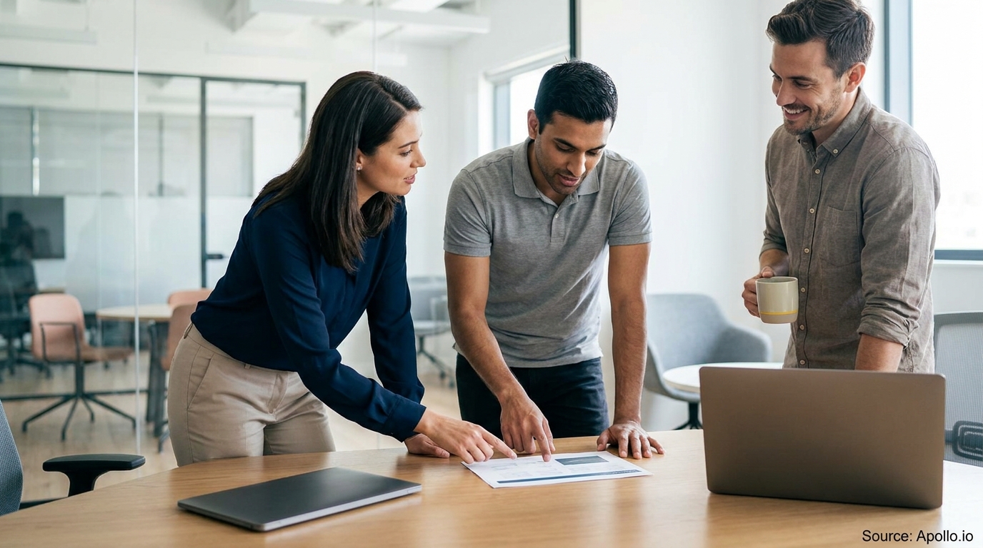 Three professionals discuss a document on a table in a modern office, one holding a mug.