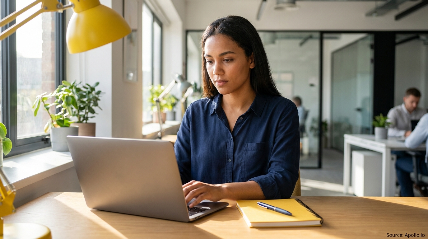 Woman works on laptop at a sunlit desk in a modern office.