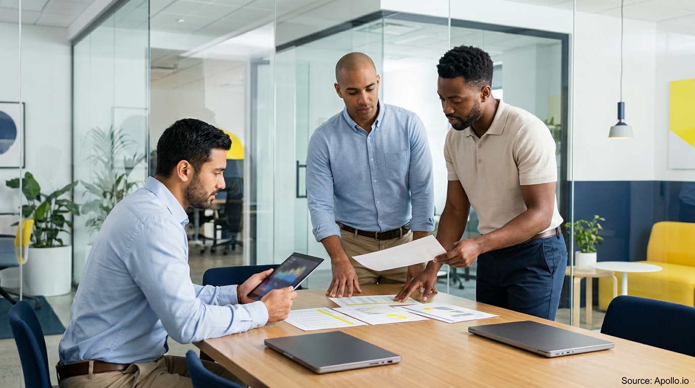 Three professionals review documents and a tablet at a modern office table.