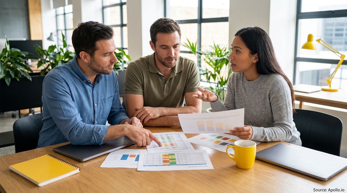 Three colleagues analyze charts and spreadsheets on a wooden table in a bright office.