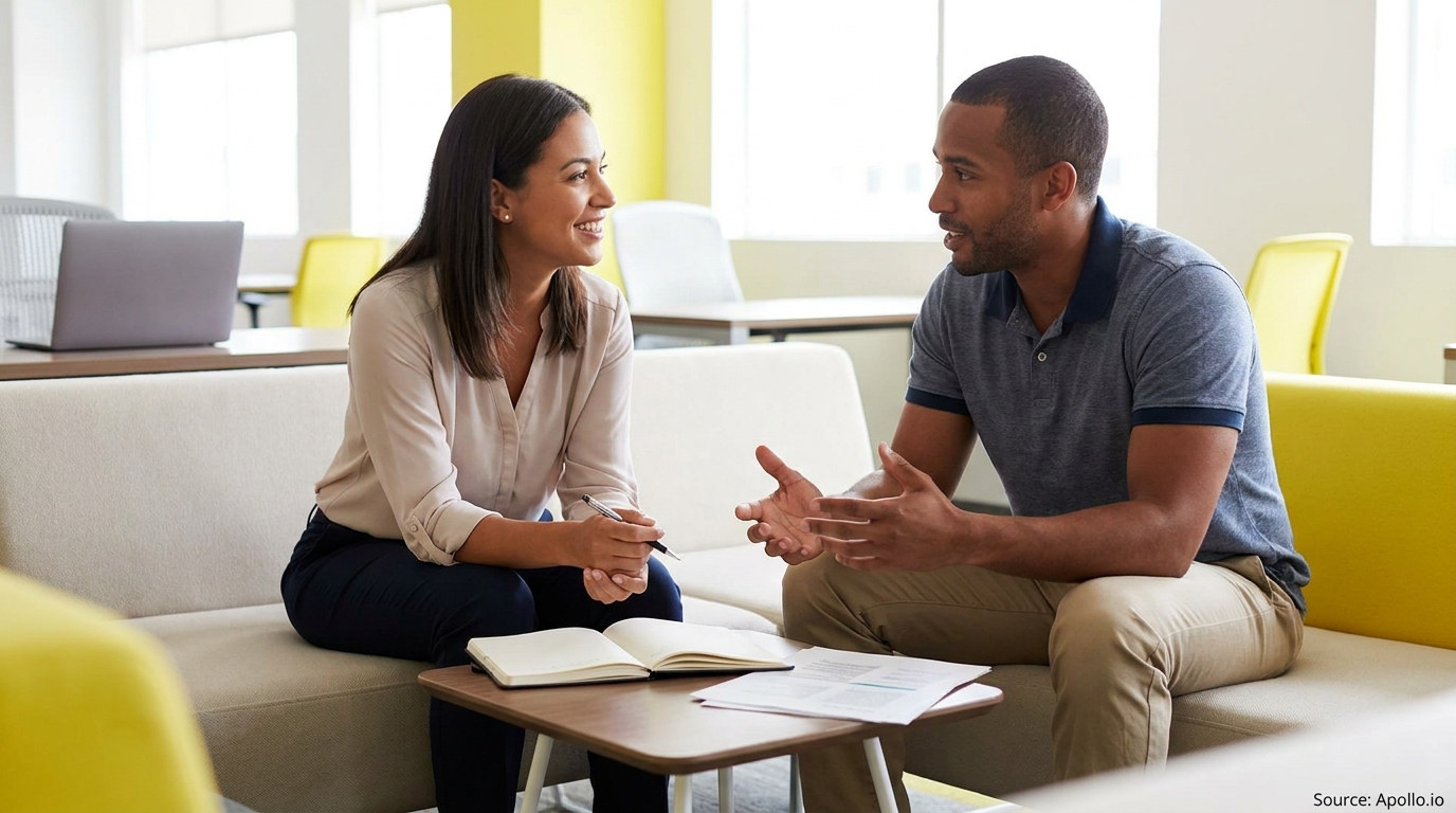 Two professionals conversing in a modern office lounge with a notebook and documents.