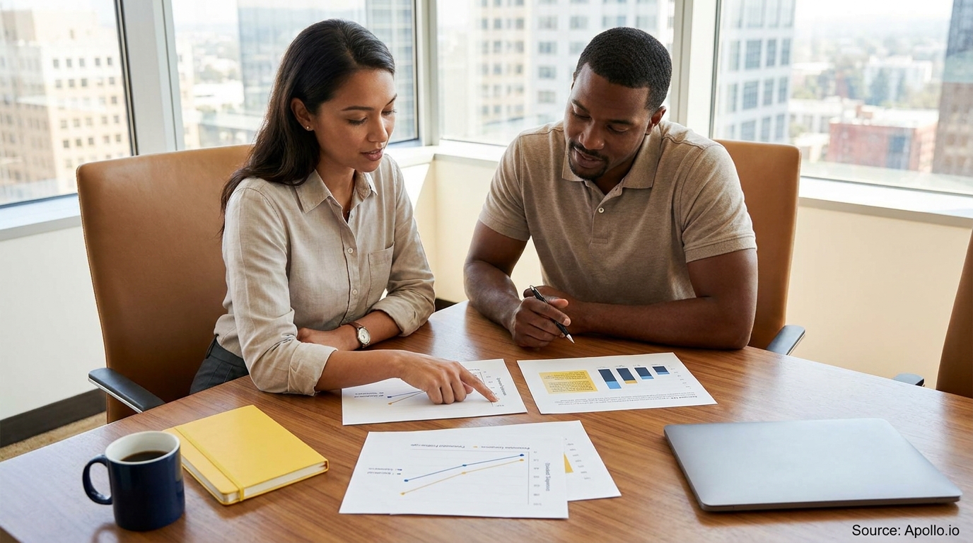 Two professionals discuss charts on papers at an office table with a city view.