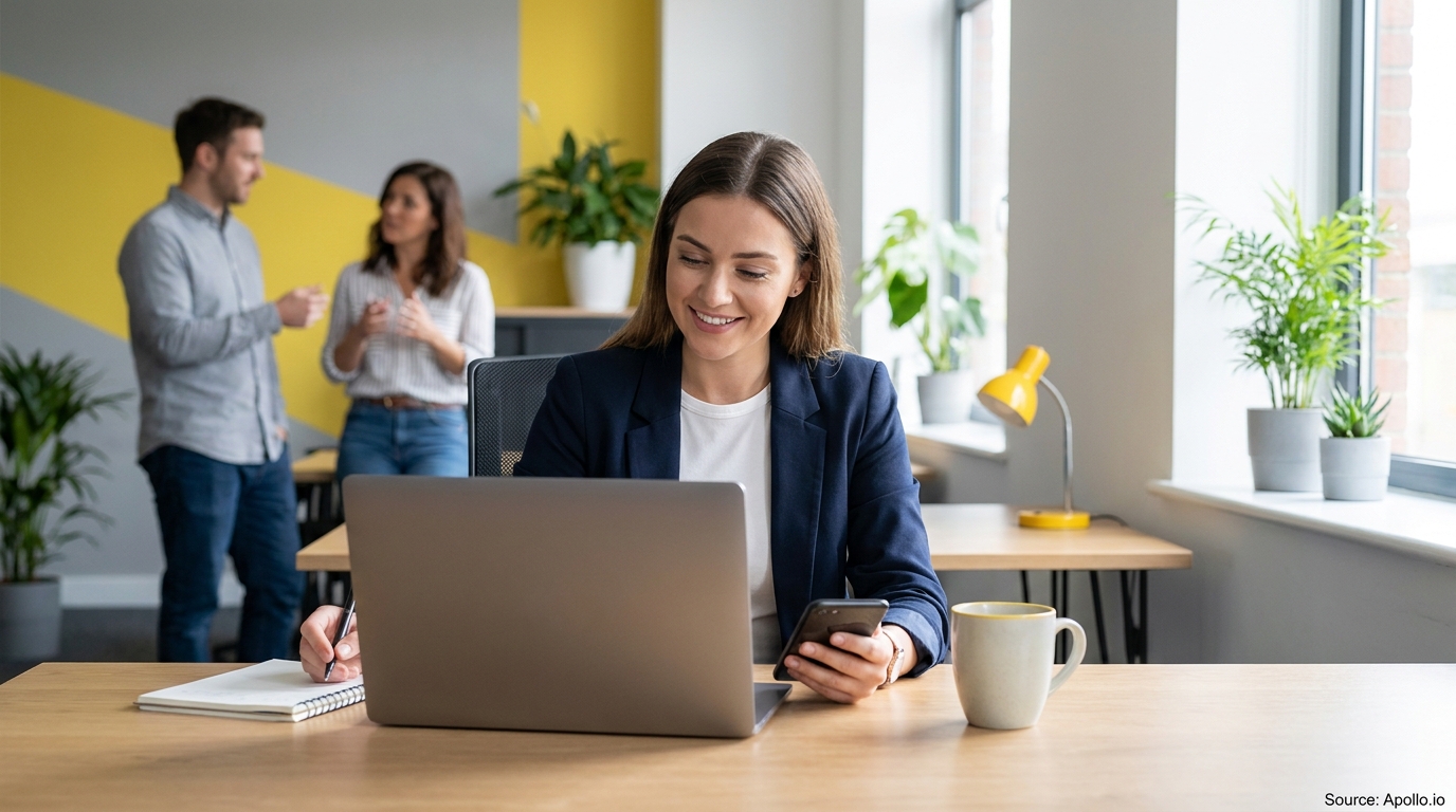 A smiling woman works at a laptop and phone while two colleagues chat in a modern office.