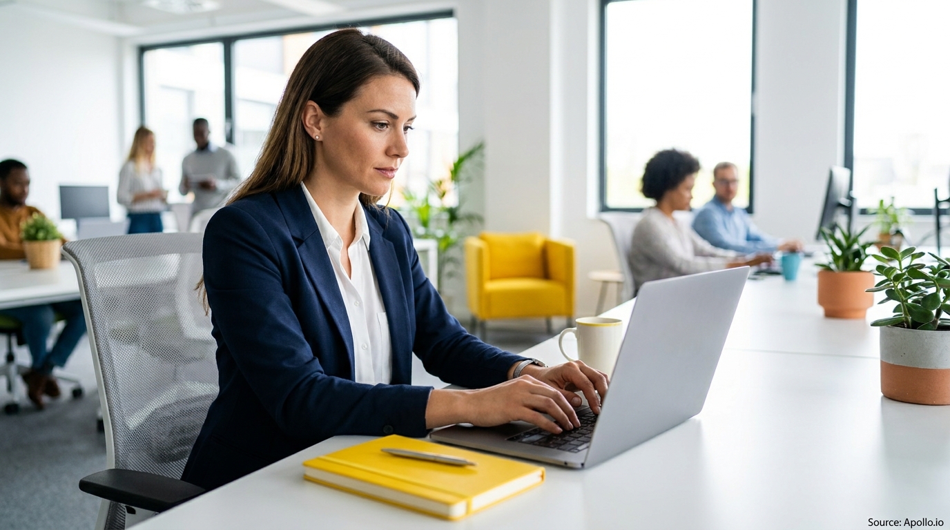 A woman types on a laptop at a desk in a bustling modern office.