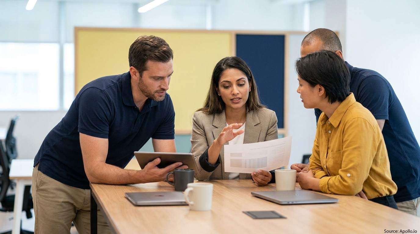 Four professionals discuss documents and a tablet around a modern office table.