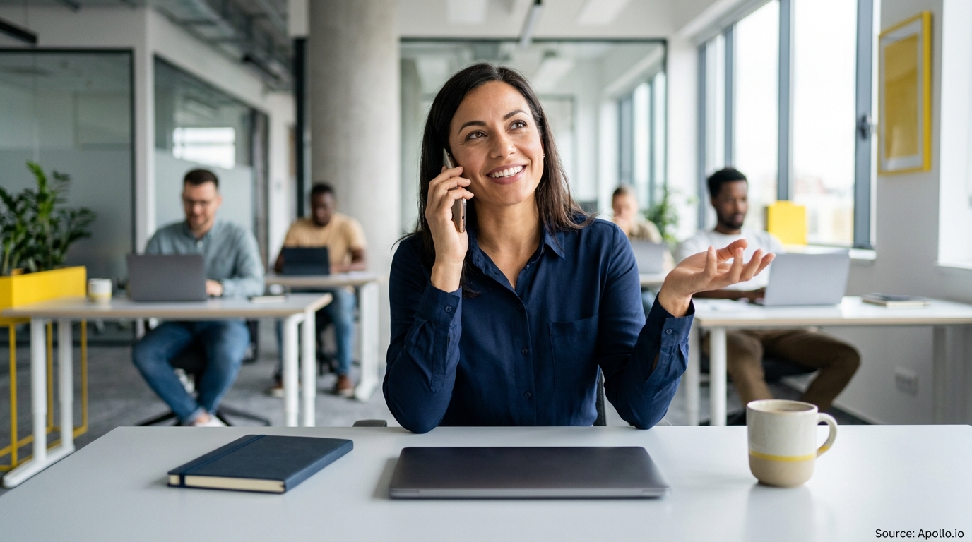 Smiling woman on a phone call at an office desk, with colleagues working in the background.