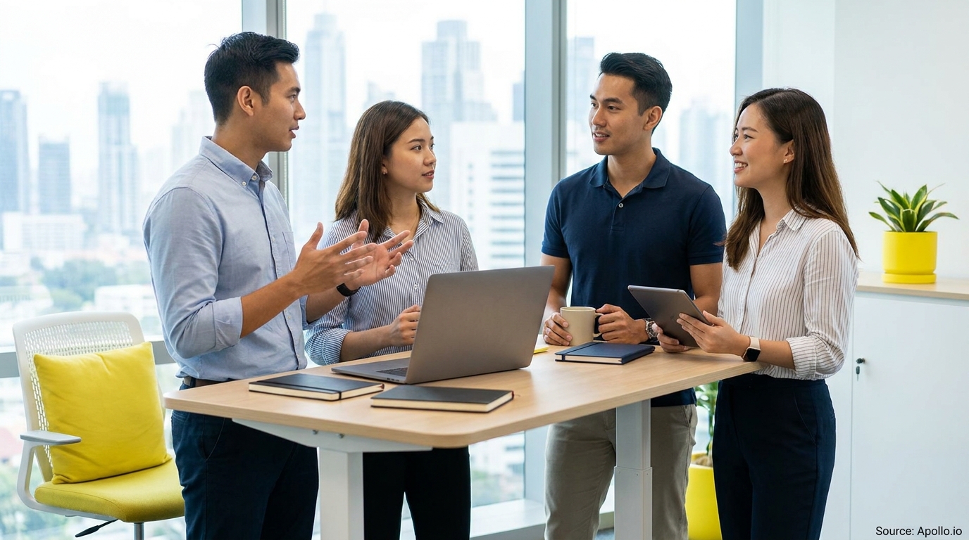 Four professionals discuss around a desk with a laptop in a modern office overlooking a city.