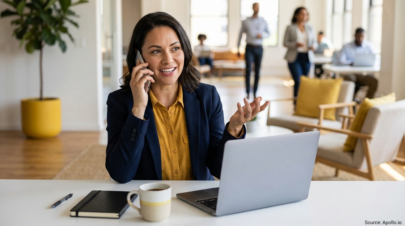 Professional woman on phone at desk with laptop, colleagues blurred in modern office background.