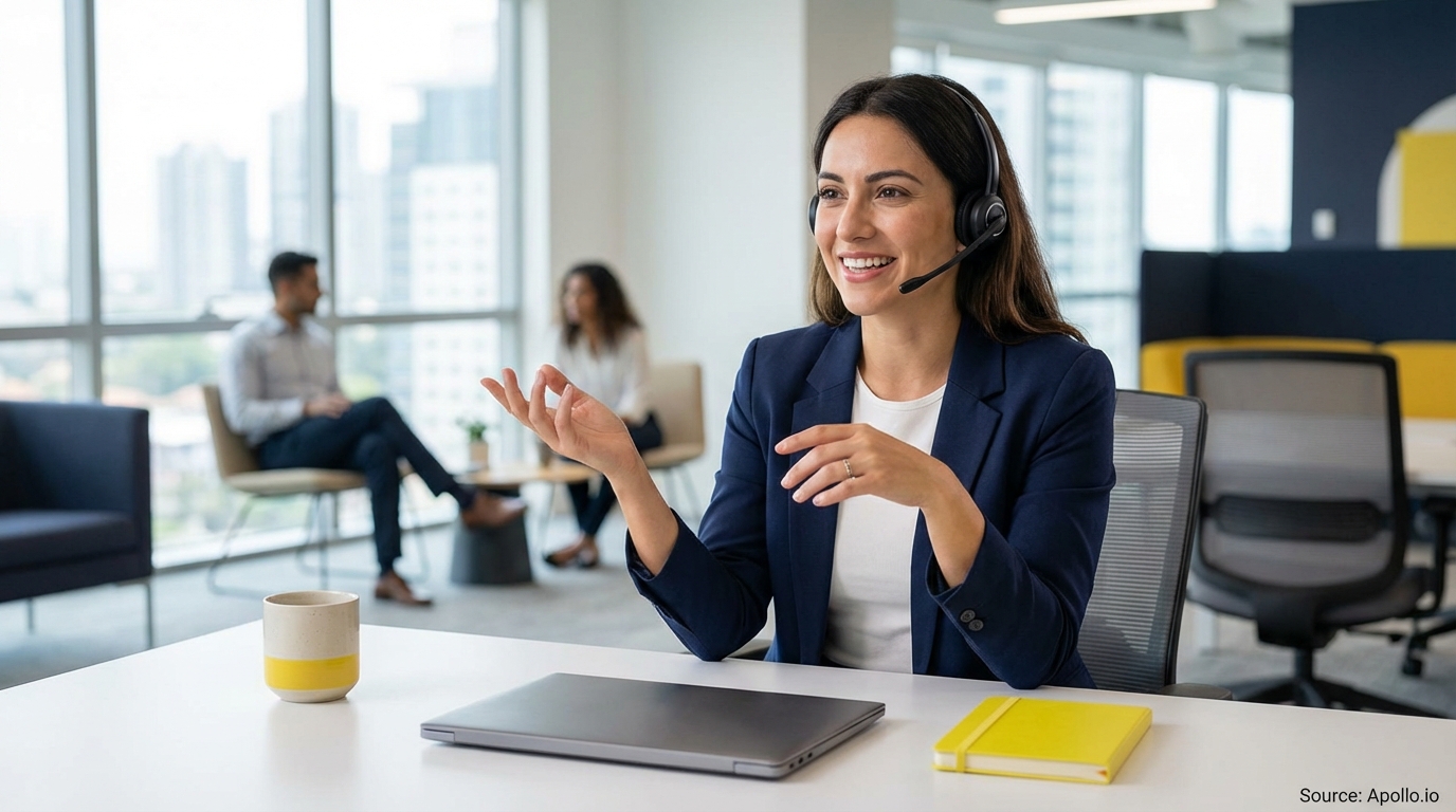 A smiling woman wearing a headset communicates at a desk in a modern office with two colleagues.