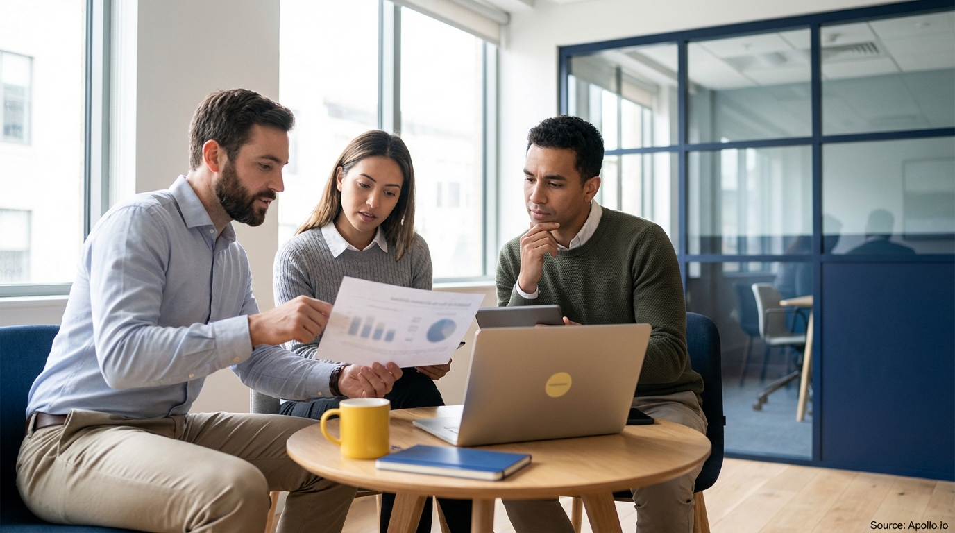 Three professionals review data on a document and laptop in a modern office.
