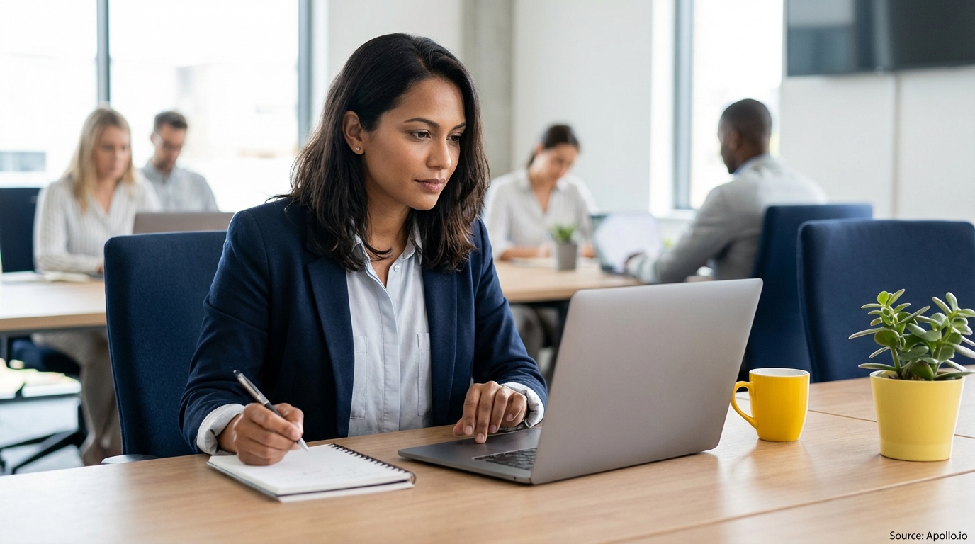 A woman works on a laptop and writes notes at an office desk with colleagues.