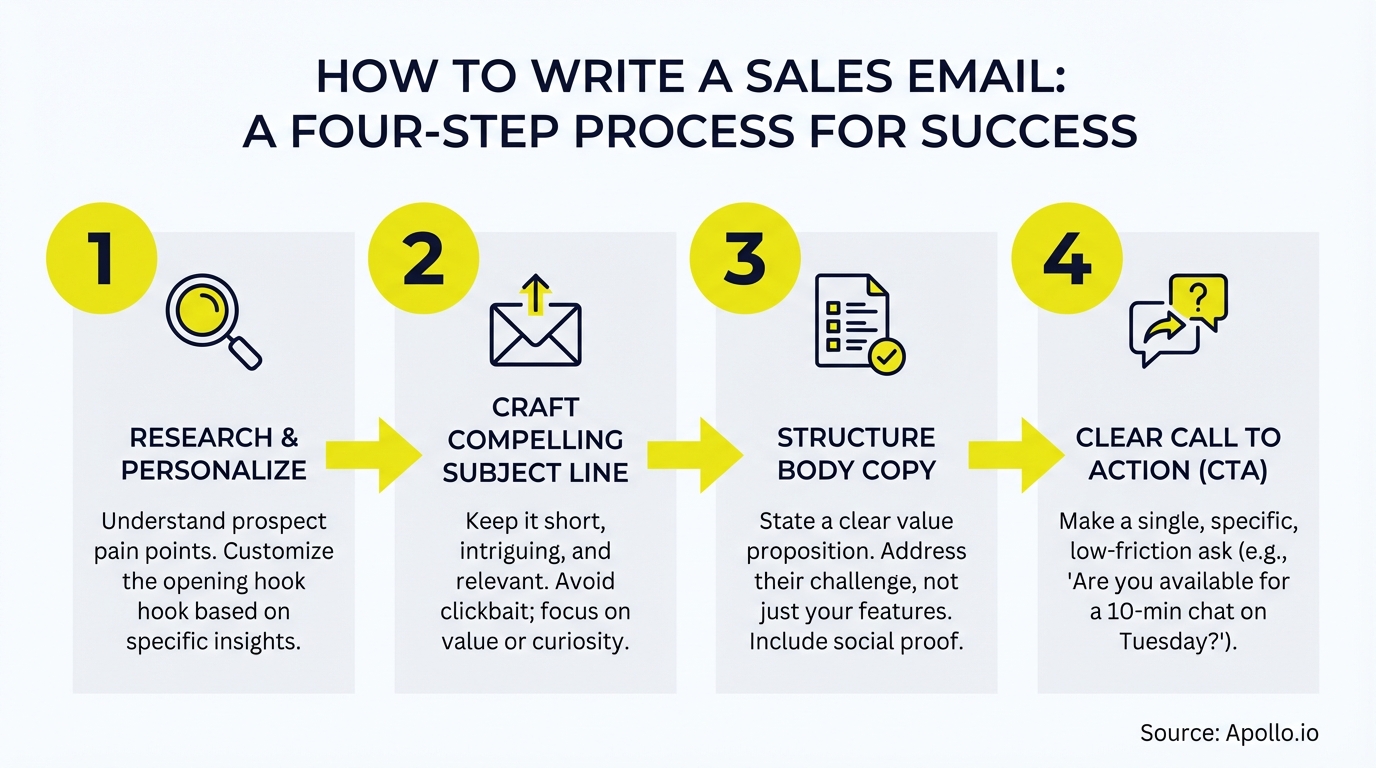Infographic detailing a four-step process for writing successful sales emails.
