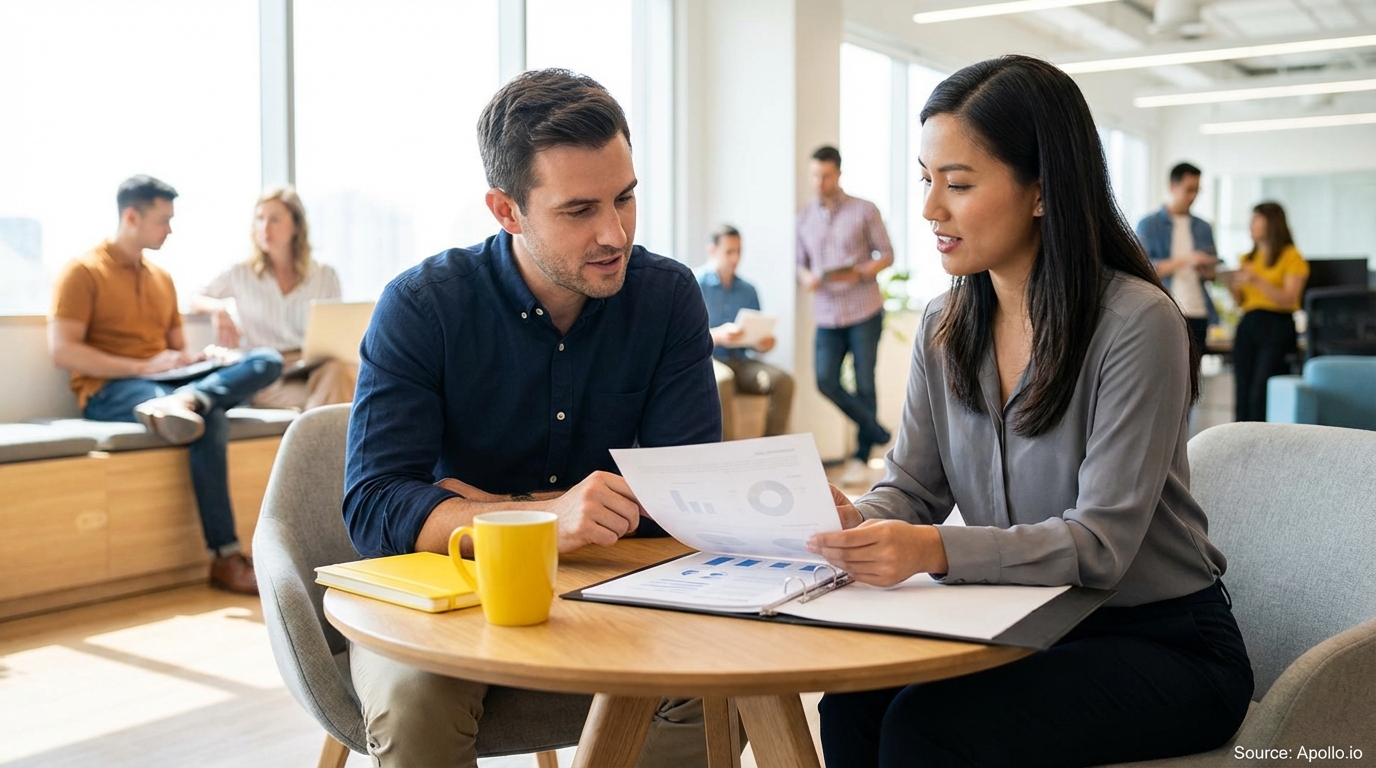 Man and woman discuss charts at a table in a bright, busy office.