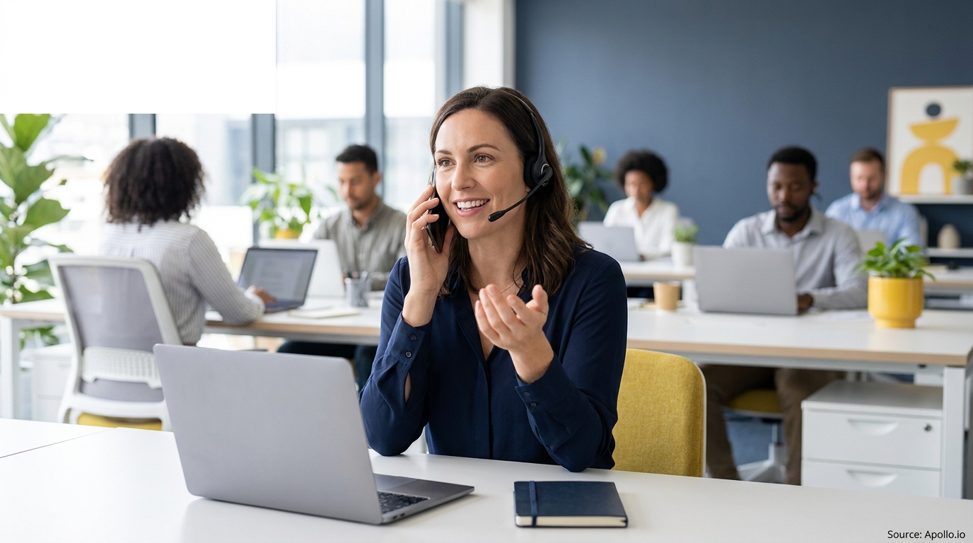 A woman on a headset call and others work on laptops in a bright, modern office.