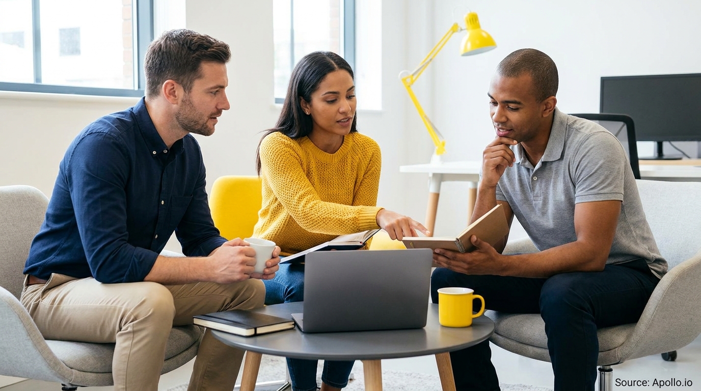 Three coworkers intently discussing a document and laptop in a comfortable office lounge.