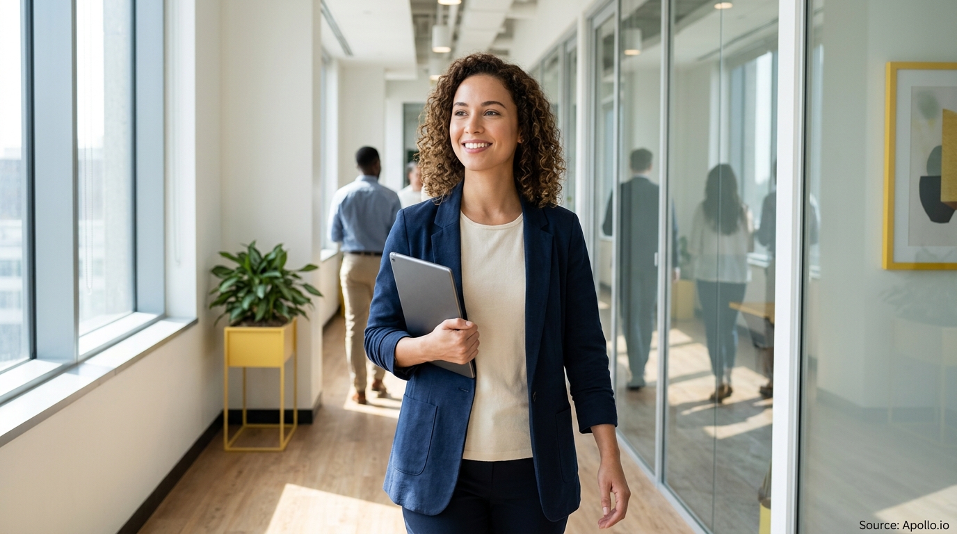 A smiling professional woman walks through a bright, glass-walled office hallway holding a tablet among several colleagues.