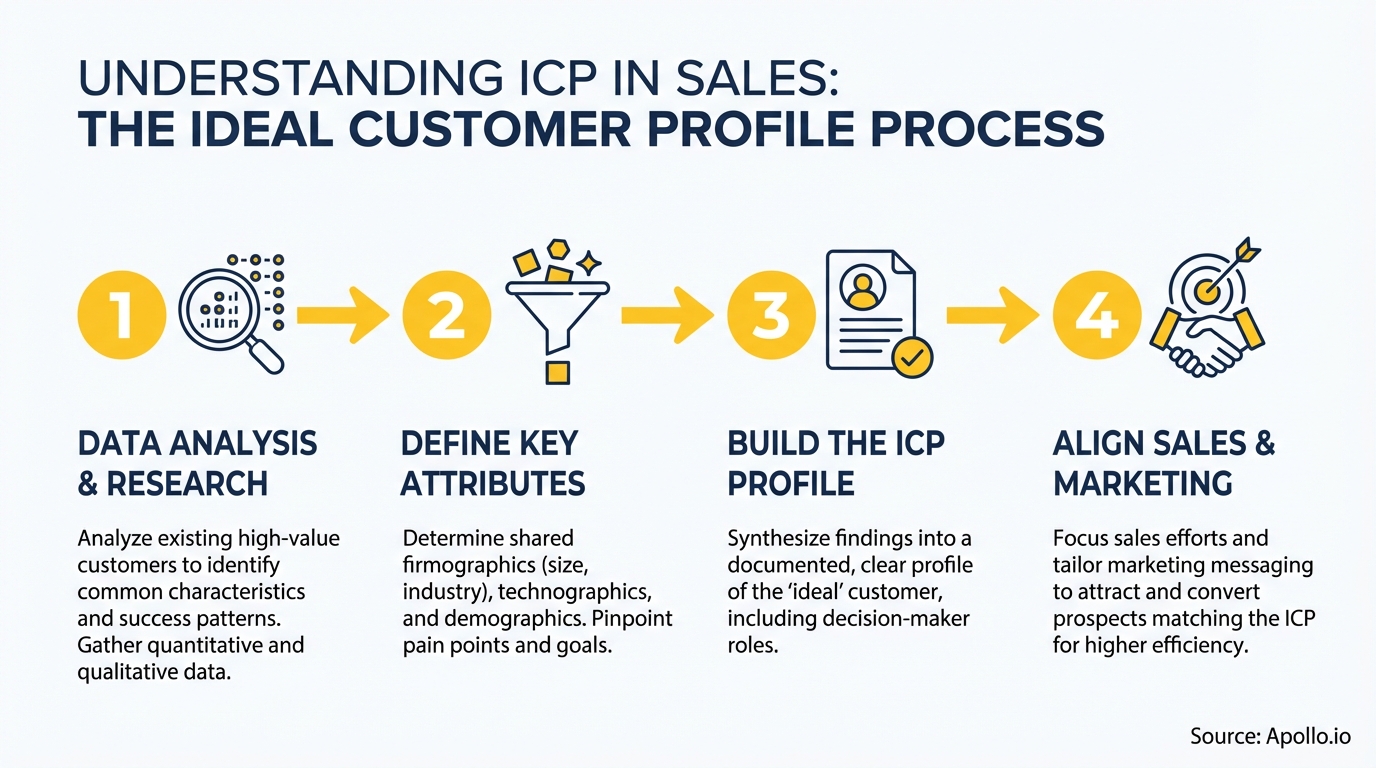 Four-step ideal customer profile process with icons for data, attributes, profile, and alignment.