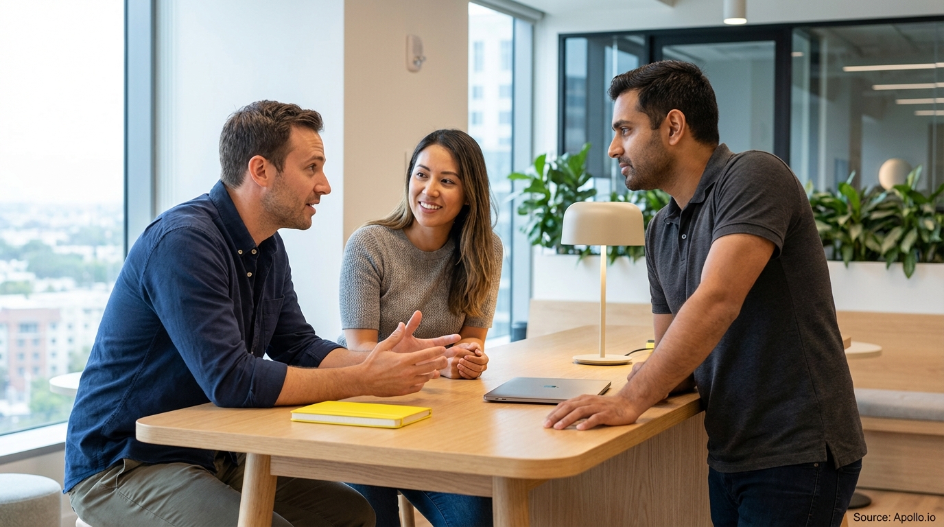 Three colleagues discuss at a modern office table; one man gestures, a woman smiles.