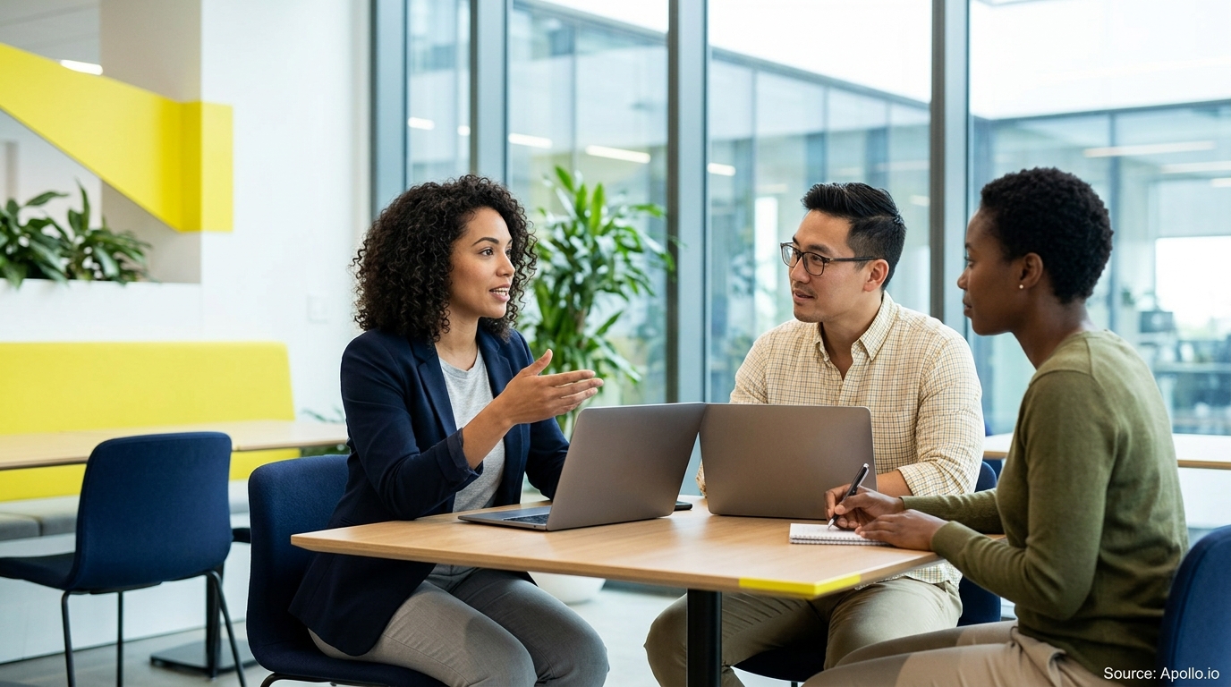 Three professionals collaborate around a table with laptops and a notebook in a bright, modern office.