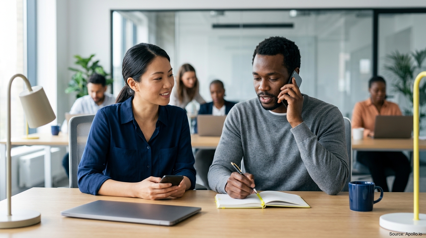 Five professionals use laptops and mobile phones while working in a bright, modern open-plan office.