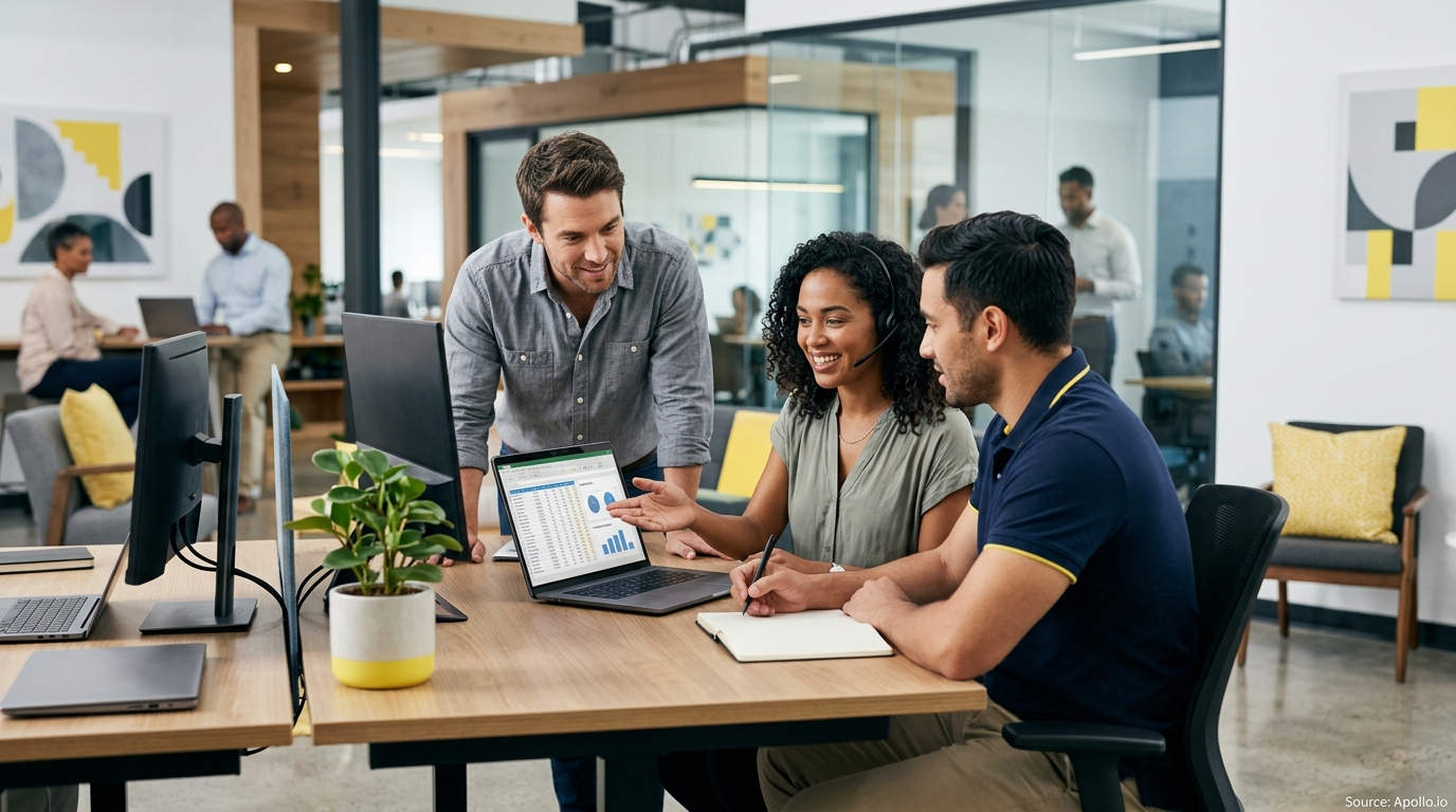 Three professionals analyze data on a laptop screen while collaborating in a bright, modern open-plan office.