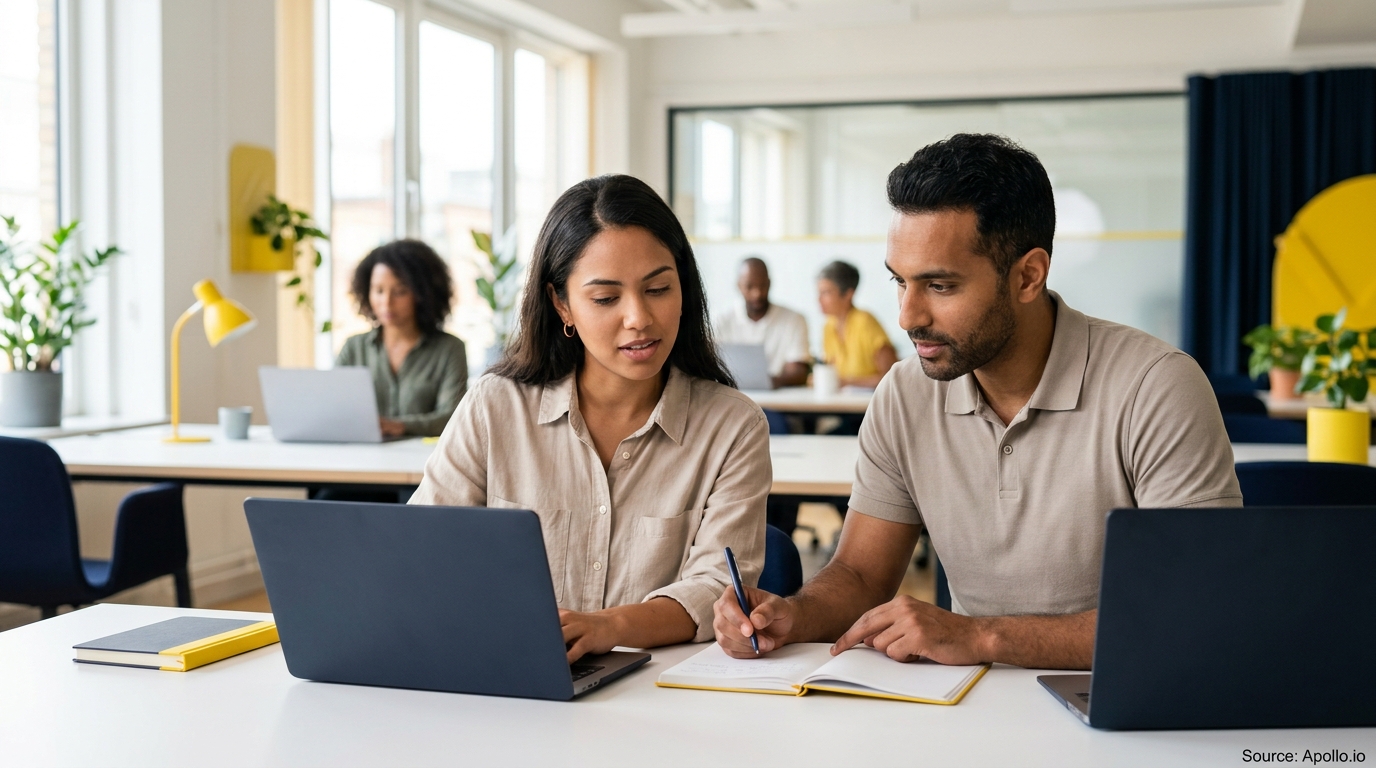 Two professionals collaborate over a laptop and notebook in a bright, modern office with colleagues working in the background.