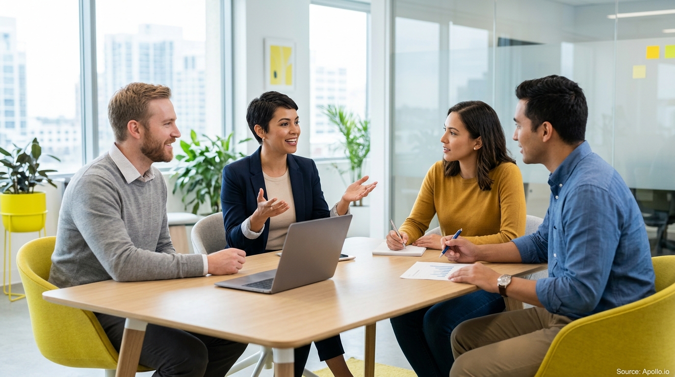 Four professionals collaborate around a table with a laptop and documents in a bright, modern office.