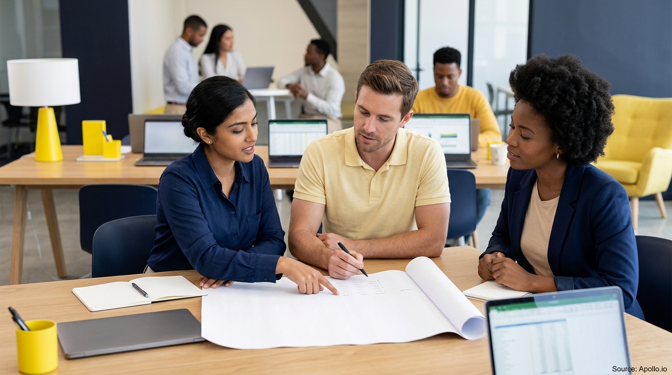 Three professionals review a large document at a table in a bright, collaborative office space.