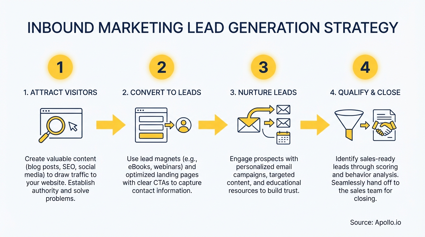 Diagram showing a four-step inbound marketing lead generation strategy with illustrative icons.