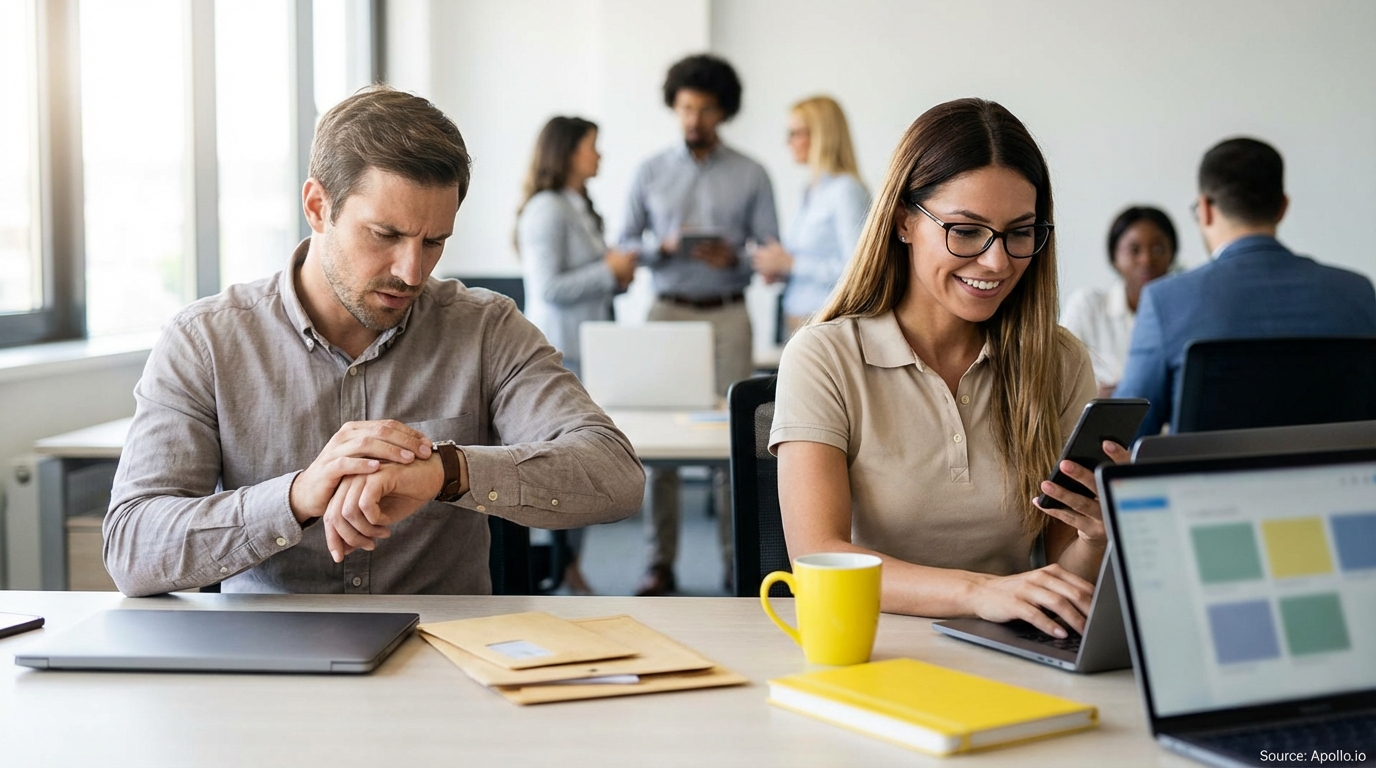 Professionals work at desks and chat in a bright, modern office.