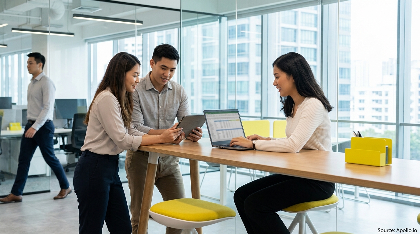 Three professionals at a modern table use devices, one walks, in a bright office with windows.