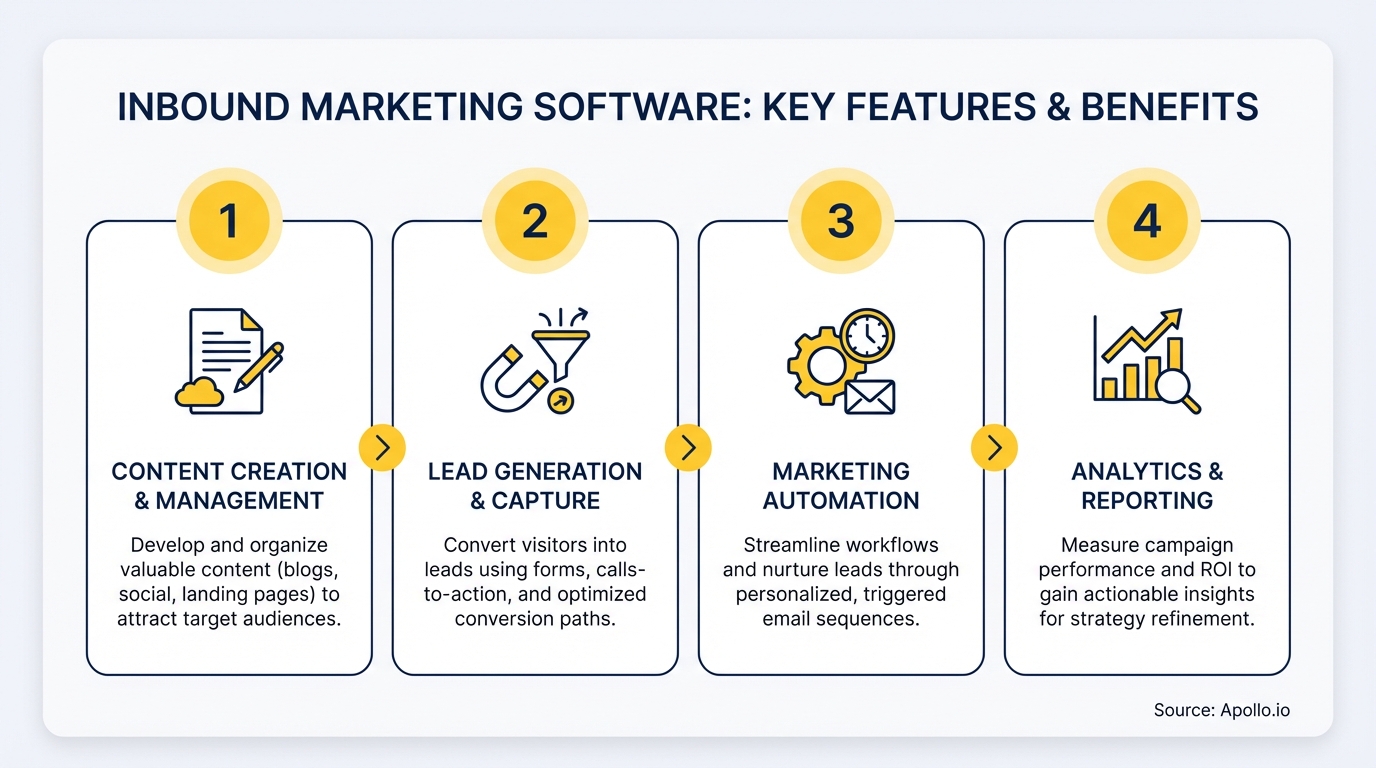 Infographic showing four key features of inbound marketing software: content, lead generation, automation, and analytics.