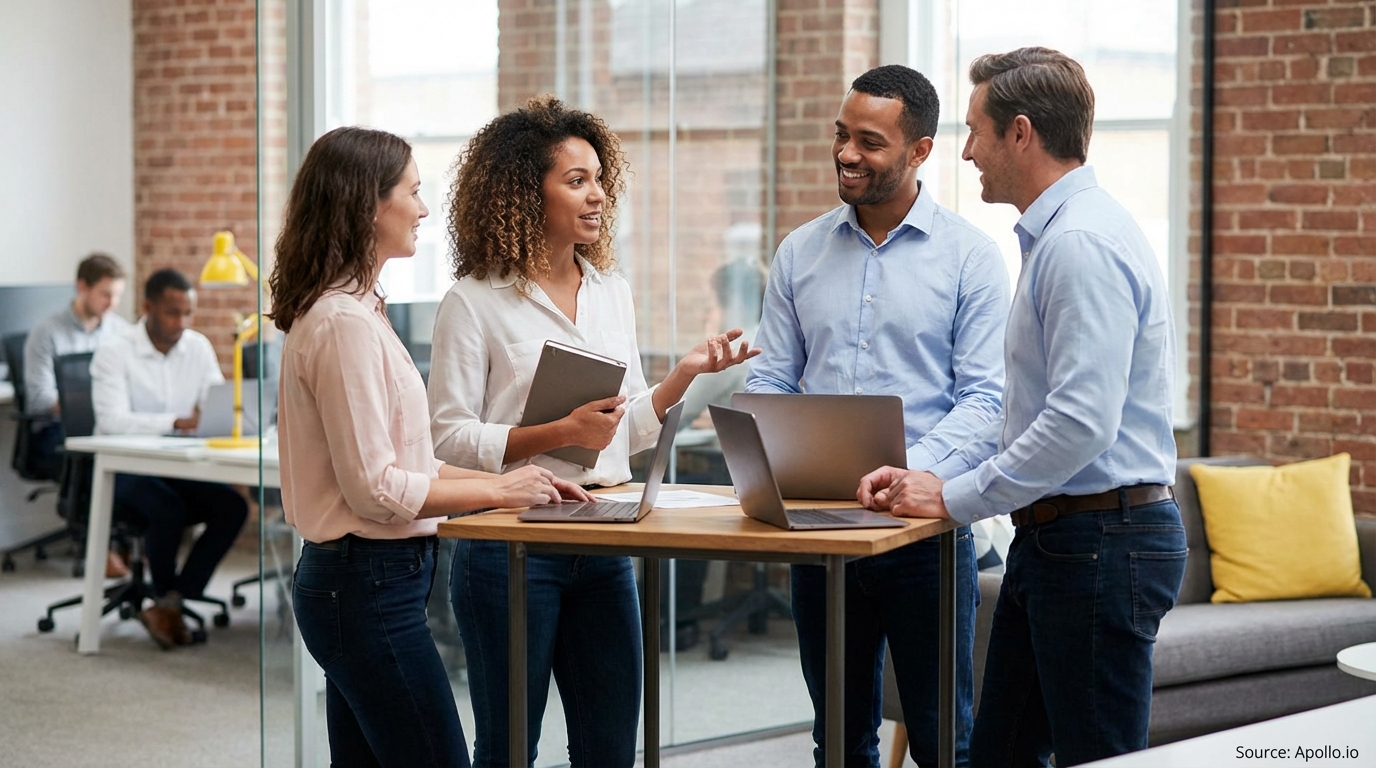 Four professionals collaborate with laptops at a modern office standing desk.