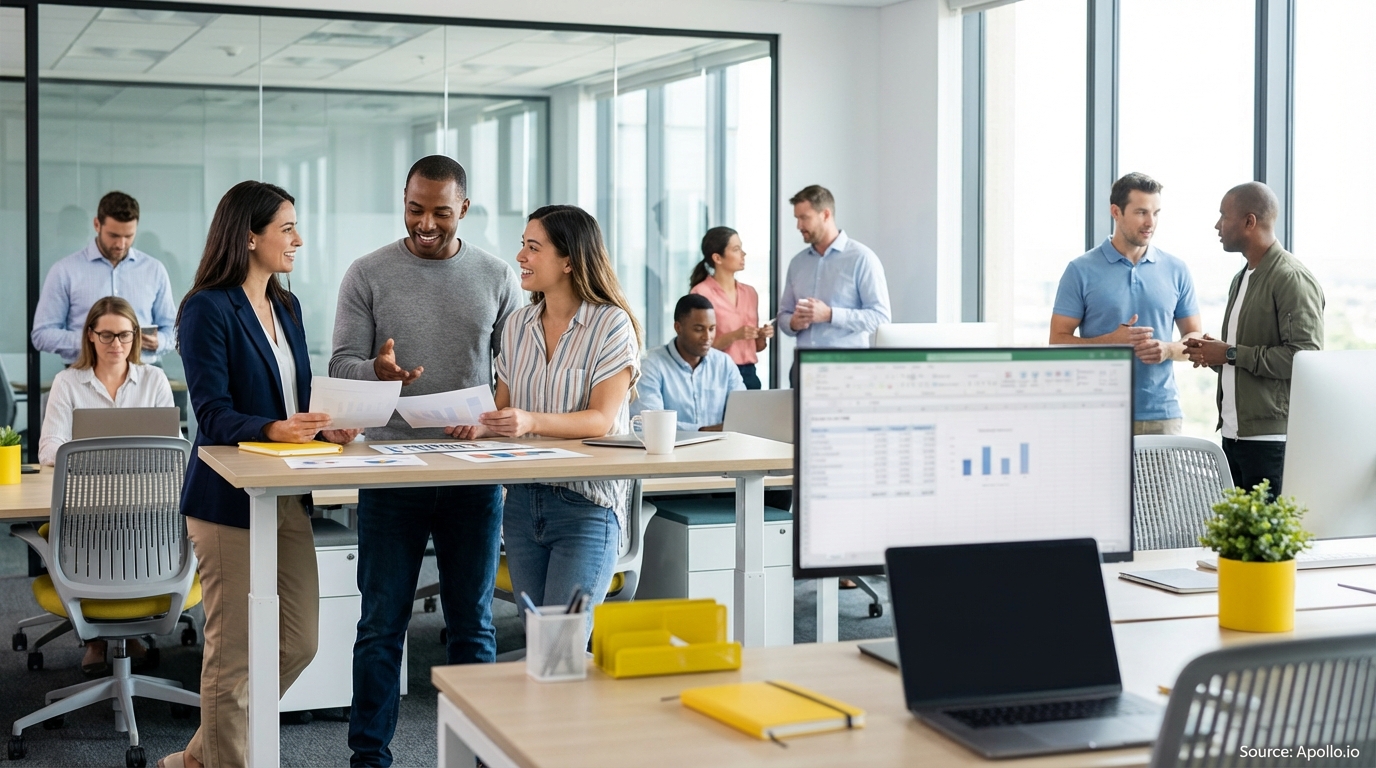 Sales team collaborating in a modern open-plan office in a sales team meeting