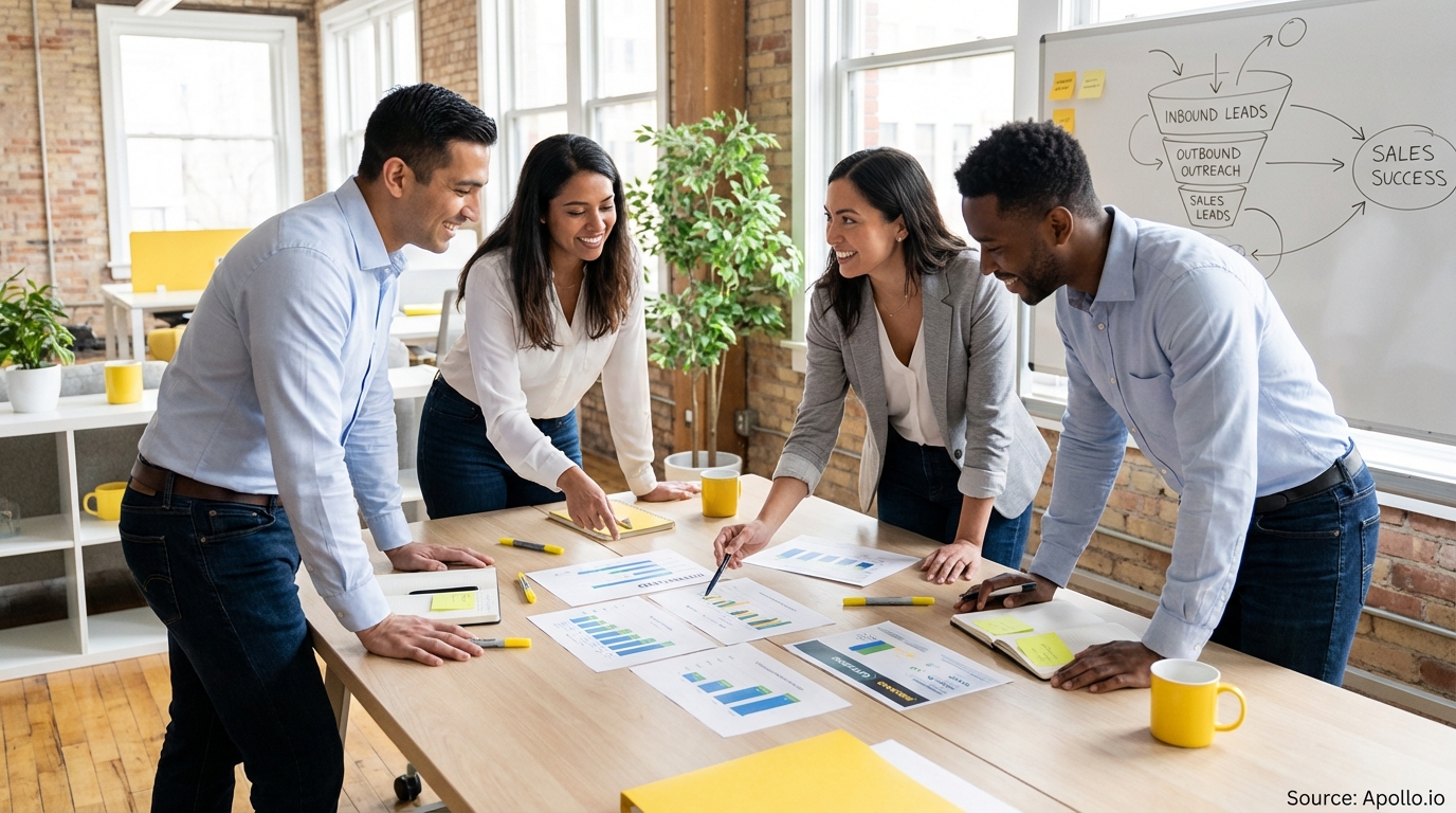 Sales professionals discussing strategy around a conference table in a sales team meeting