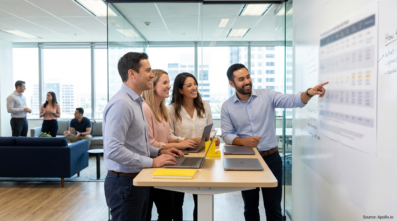 Sales team collaborating in a modern open-plan office in a sales team meeting