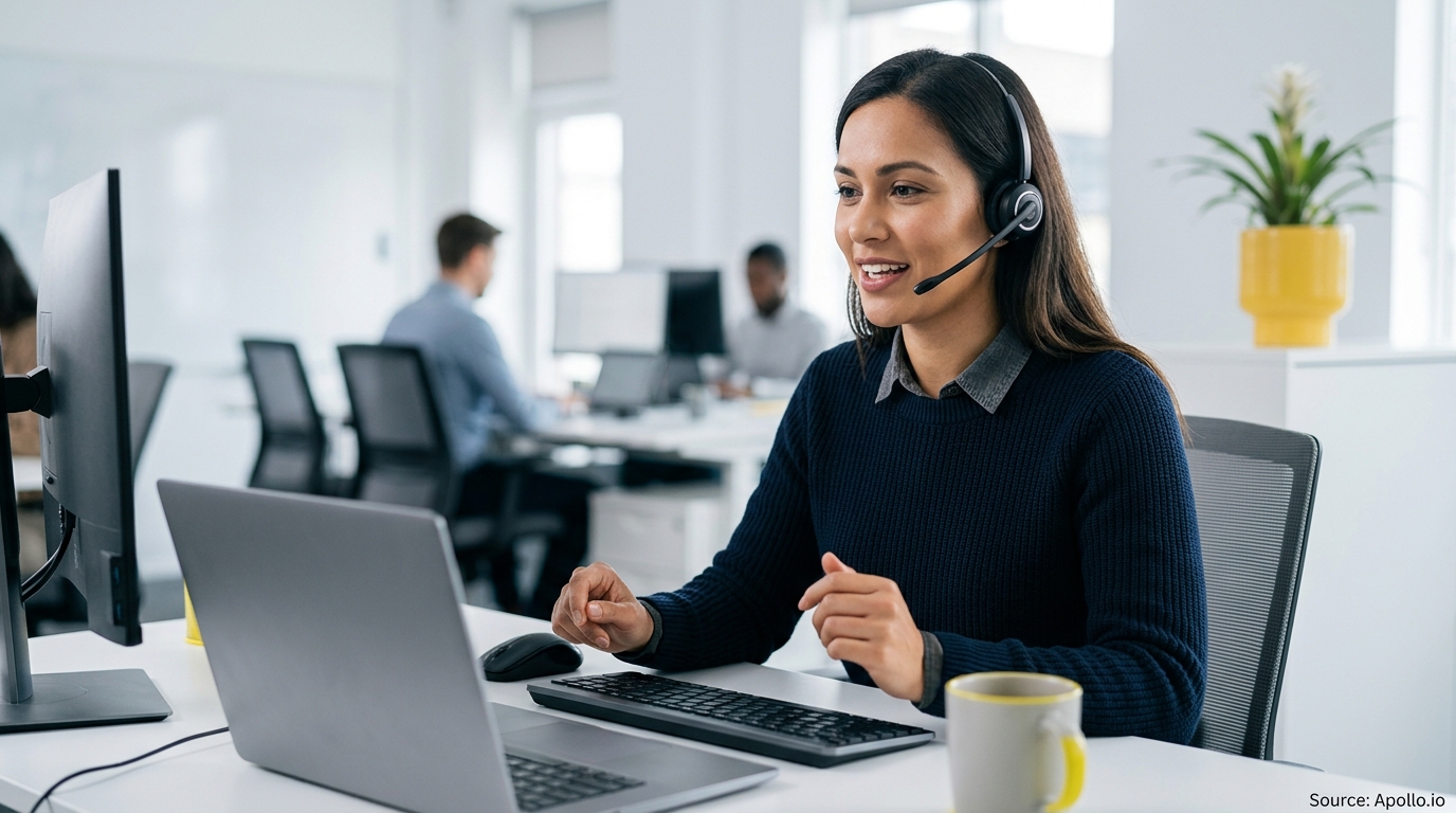 A woman wearing a headset works at a laptop in a bright, modern office with two other professionals.