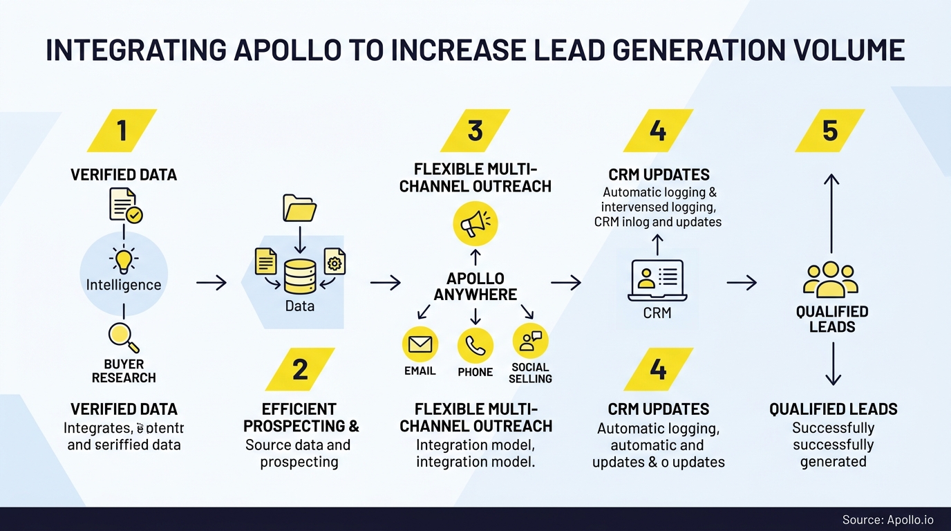 Five-step flowchart illustrates data research, multi-channel outreach, and CRM updates leading to three qualified lead icons.
