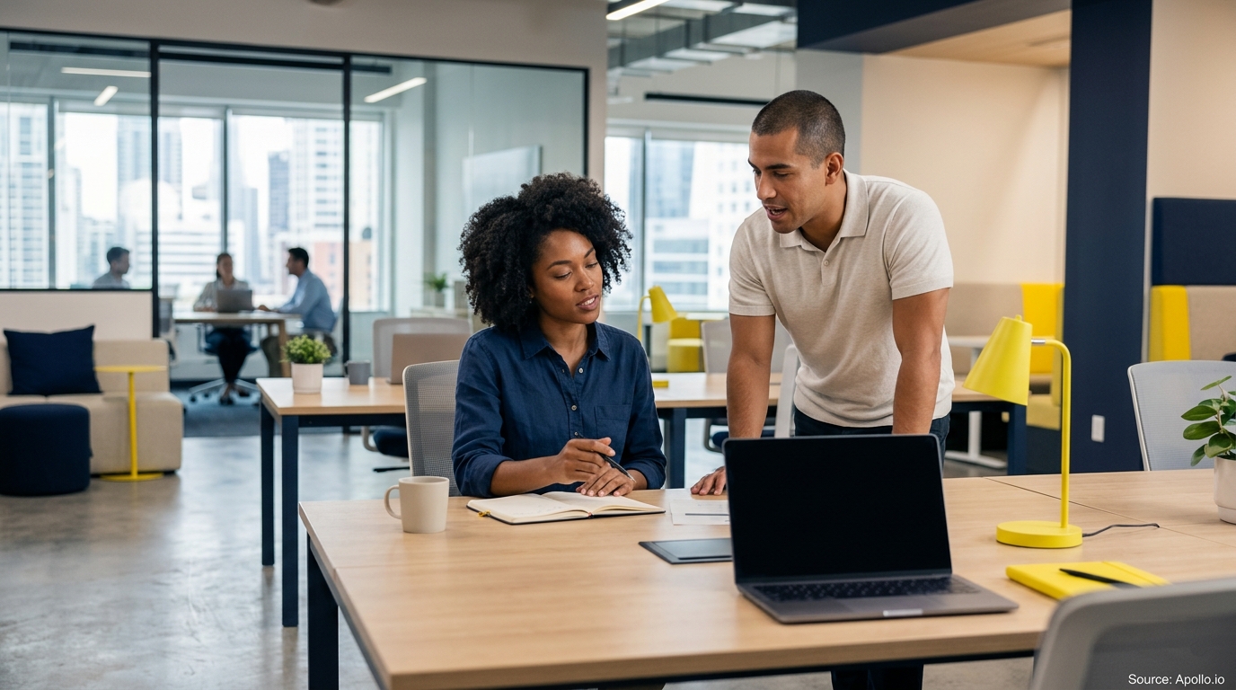 Two professionals collaborate at a desk in a modern office while three coworkers work in the background.