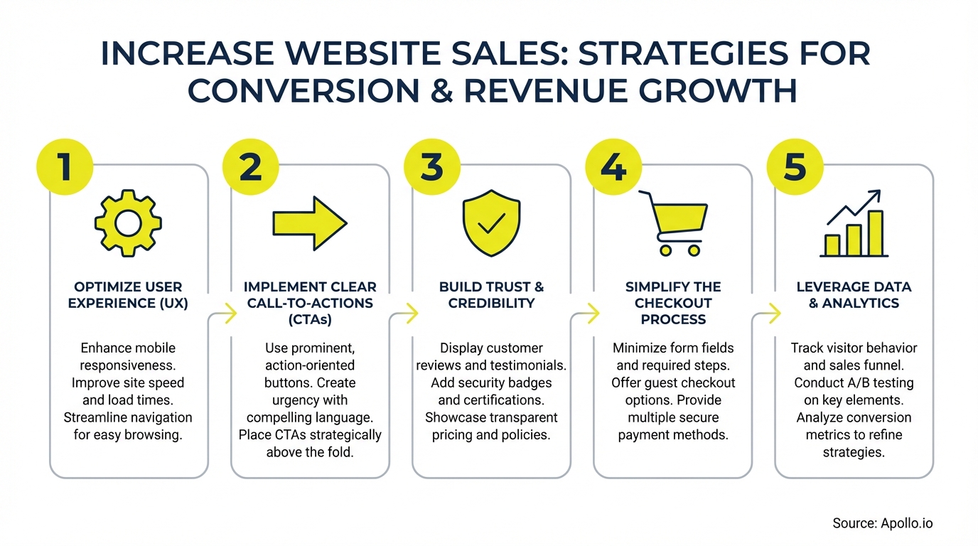 Infographic presenting five steps to boost website sales with descriptive icons.