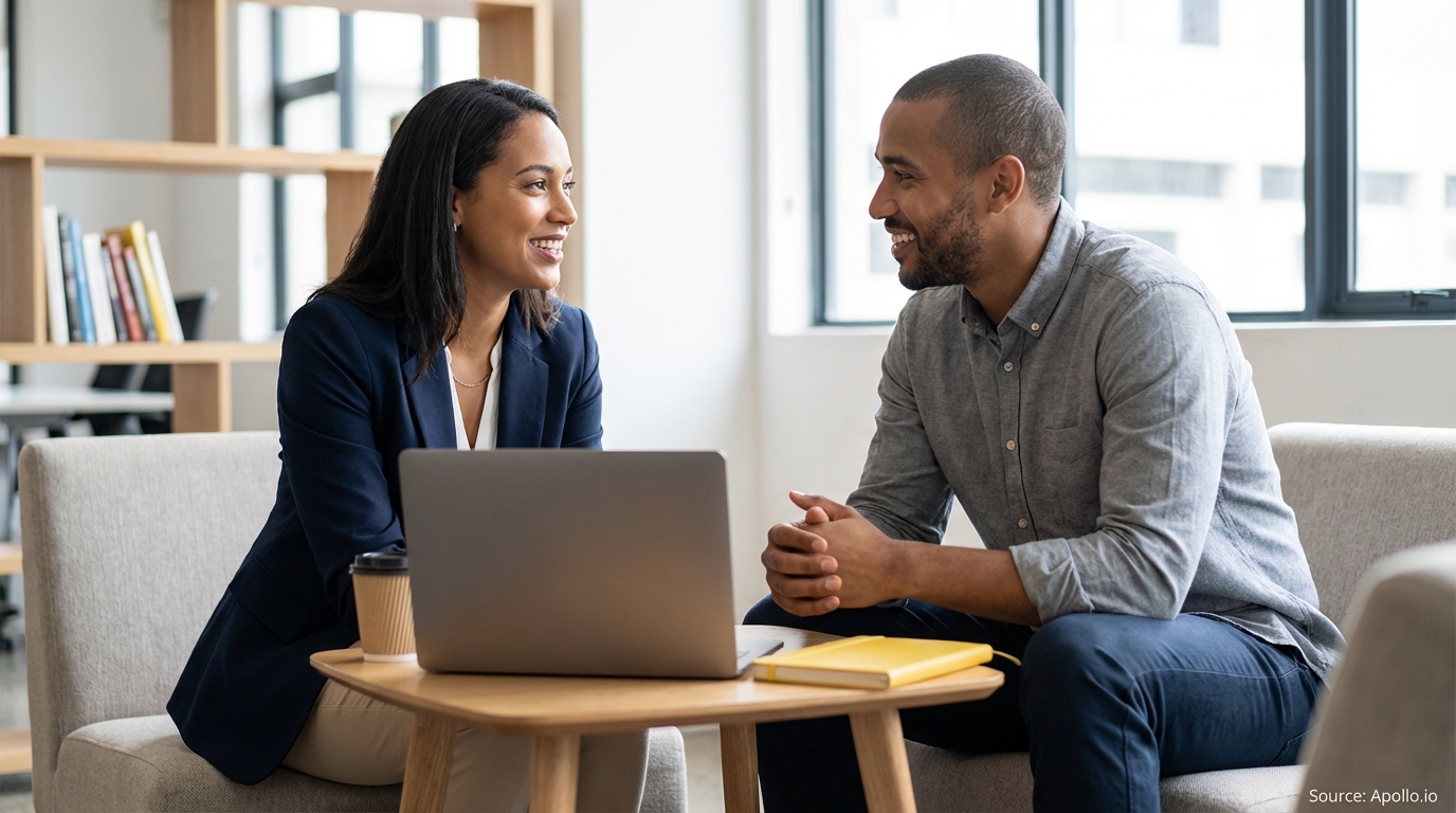 Two smiling people talk at a small table with a laptop in a modern office setting.