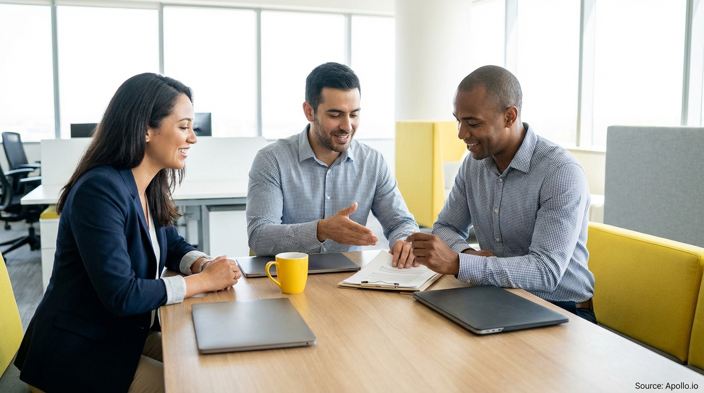 Three smiling professionals actively discuss at a bright, modern office table with laptops.