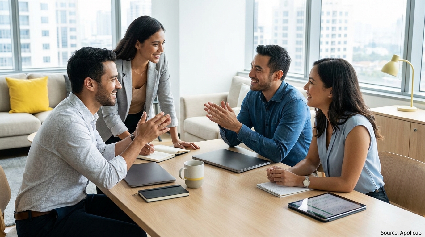 Four smiling professionals collaborate around a table in a bright modern office.